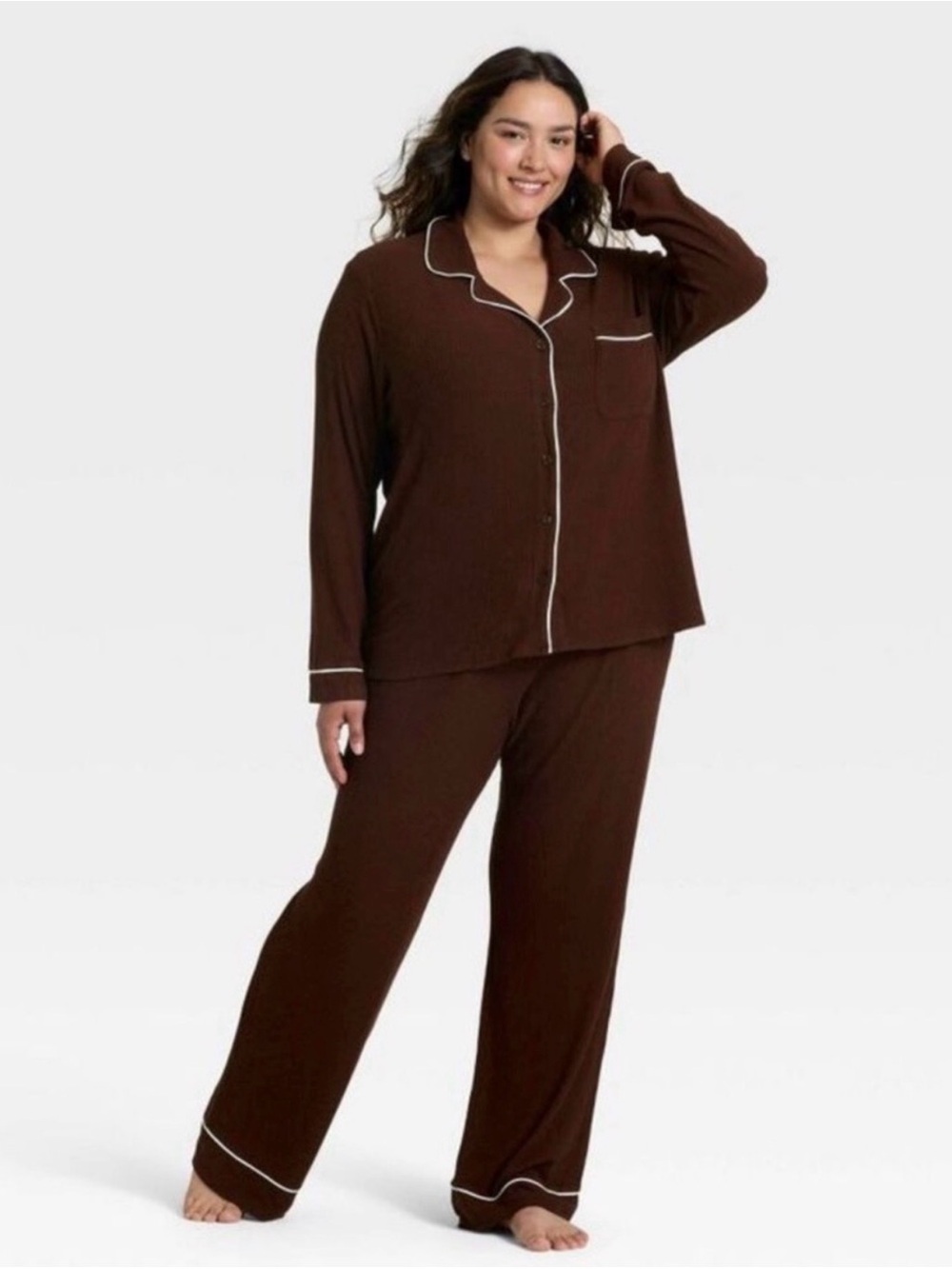 Cozy Brown Ribbed Notch Collar Shirt and Pants Pajama Set- Auden 1X NWT